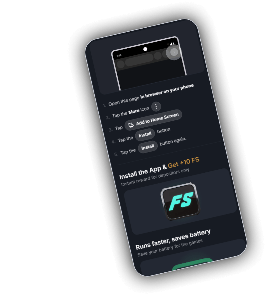 SherLuck app install page with five numbered steps, the headline Install the App and Get +10 FS and the line Runs faster, saves battery