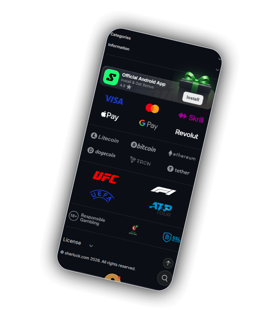 SherLuck site footer on a phone with the Official Android App card, Visa, Mastercard, Apple Pay, Google Pay, Skrill, Revolut, coin logos and UFC, F1, UEFA and ATP Tour badges