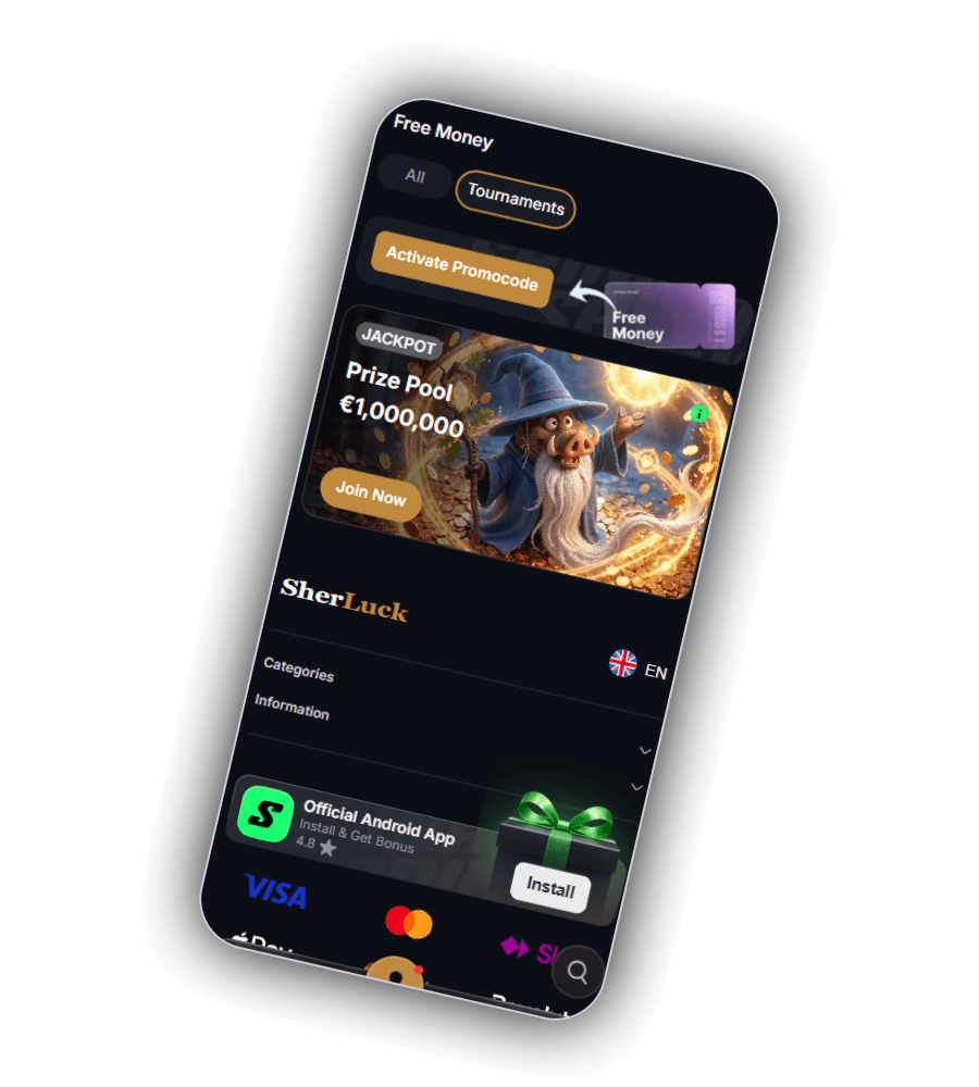 SherLuck Free Money page with All and Tournaments tabs, a gold Activate Promocode key and the Jackpot banner with a wizard boar mascot