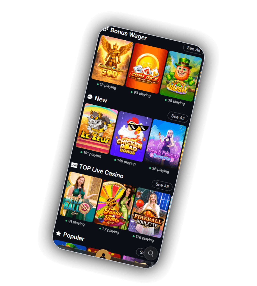 SherLuck lobby on a phone showing the Bonus Wager, New and TOP Live Casino rows with a live playing count under each tile