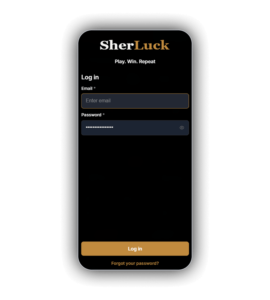 SherLuck Log in window with the Play. Win. Repeat. line, Email and Password fields, a gold Log in key and a Forgot your password link
