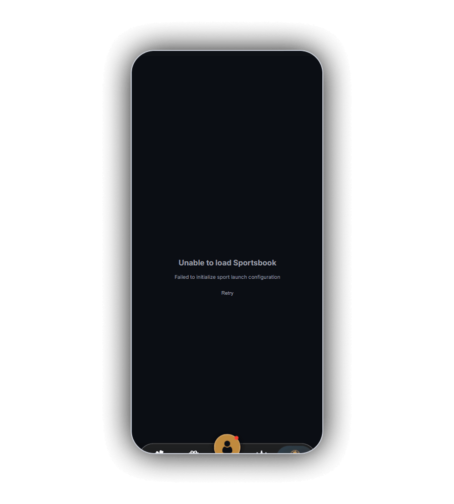 SherLuck Sports tab on a phone with the message Unable to load Sportsbook, the line Failed to initialize sport launch configuration and a Retry link