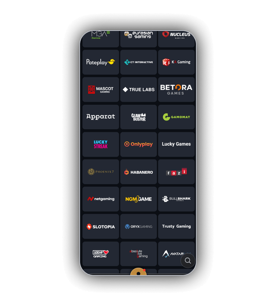 SherLuck Providers page on a phone with logo tiles for Pateplay, CT Interactive, KA Gaming, Mascot Gaming, Habanero, Fazi and other studios