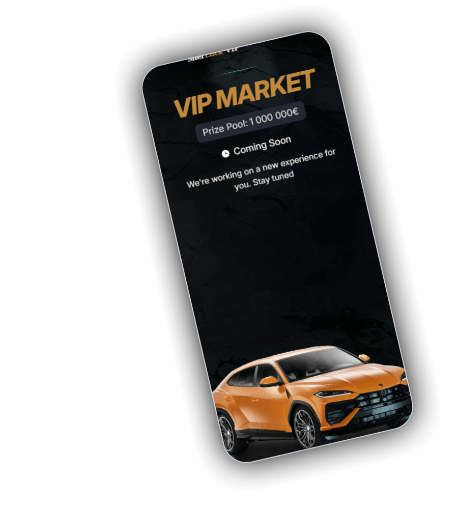 SherLuck VIP Market screen with a Prize Pool banner, a Coming Soon label and an orange sports car